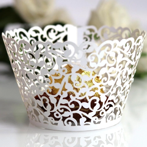 Laser Cut Hollow Vine Lace Cupcake Wrappers Pearlescent Paper Cake Liners For Wedding Birthday Party Dessert Table Decoration