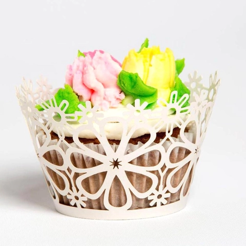 Laser Cut Hollow Floral Cupcake Wrappers Pearl Paper Lace Cake Border For Wedding Party Anniversary Bakery Decoration