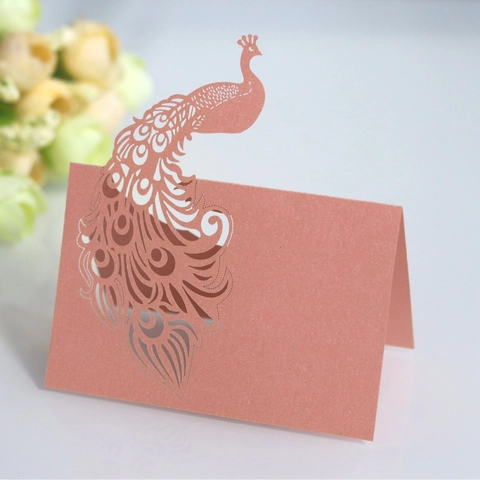 Peacock Laser Cut Place Cards For Wedding Party Banquet Table Decoration Pearlescent Paper Hollow Name Cards Seating Cards