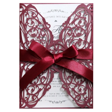 European Laser Cut Butterfly Wedding Invitations Pearlescent Paper Elegant Hollow Greeting Cards With Satin Ribbon For Marriage Banquet Party