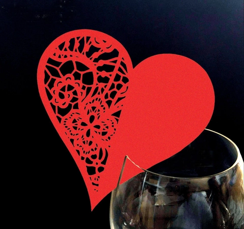 Heart Shape Laser Cut Wine Glass Place Cards Hollow Lace Pearlescent Paper Name Cards For Wedding Banquet Party Decoration