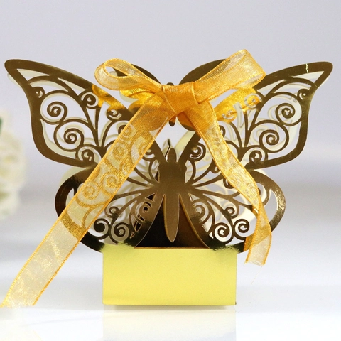 Élégantes Boîtes à Dragées Papillon Découpe Laser Papier Nacré Boîtes Cadeaux Ajourées Avec Ruban Pour Fête
