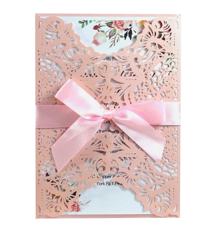 Elegante Invitación De Boda Europea Corte Láser Con Lazo De Satén Y Hoja Interior Floral Para Ceremonia De Matrimonio