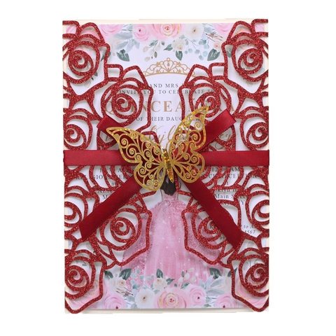 Tarjetas de Invitación de Rosa Cortadas con Láser de Lujo Papel Perlado con Brillantina Invitación de Boda para Fiesta Quinceanera con Lazo Farfalla