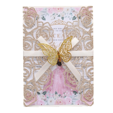 Tarjetas de Invitación de Rosa Cortadas con Láser de Lujo Papel Perlado con Brillantina Invitación de Boda para Fiesta Quinceanera con Lazo Farfalla