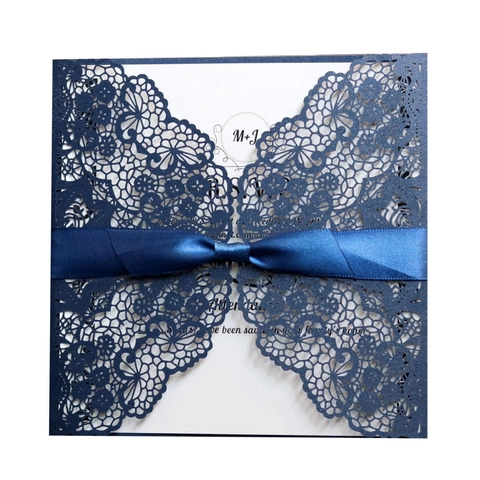 European Style Laser Cut Wedding Invitation Cards Ribbon Bow Pearl Paper Hollow Lace Greeting Cards For Wedding Ceremony