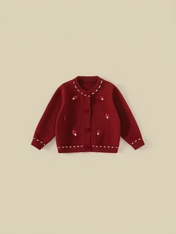 Mädchen Vintage Weinrote Strickjacke Pullover Mit Pilz Stickerei Rundhals Warm Langarm Knopf Strickmantel Jacke
