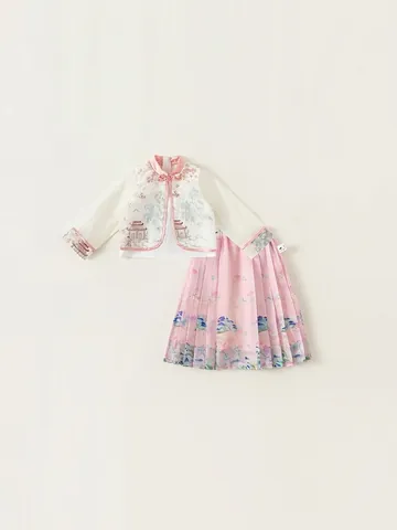 Tenue Hanfu de Nouveau Style Chinois pour Filles Haut à Broderie Blanc et Jupe Mamian Plissée Rose Imprimé de Paysage Ancien Costume Tang Traditionnel pour Enfants