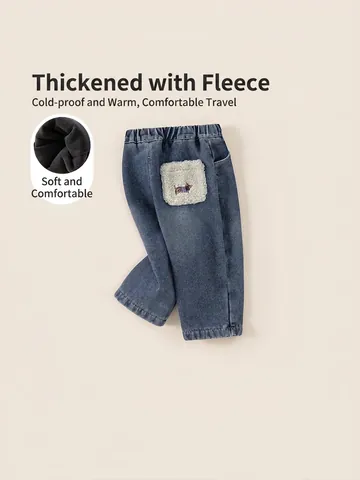 Jeans in Denim Foderati in Pile Unisex per Bambini Ragazzi Ragazze Inverno Pantaloni Caldi Vita Elastica Pantaloni Blu Lavati