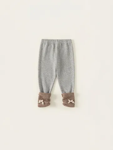 Kleinkind Mädchen Süße Graue Leggings Weiche Polyester Strickhose Mit Schleife Kirsche Dekor Gerippte Kontrastbündchen Lässige Strumpfhosen