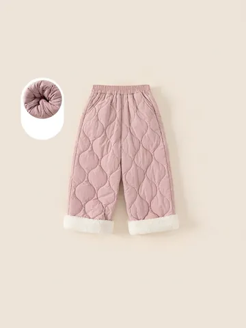 Girls Winter Warm Quilted Pants Fleece Lined Padded Trousers Pink Cartoon Embroidery Casual Outdoor Children Clothing