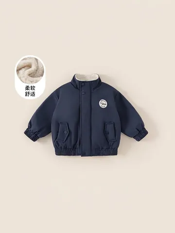 Kids Boys Winter Polyester Jacket Thickened Warm Fleece Lined Stand Collar Windproof Outerwear Vintage Letter Patch Coat