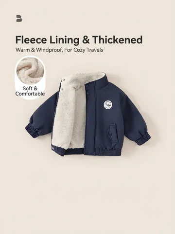 Kids Boys Winter Polyester Jacket Thickened Warm Fleece Lined Stand Collar Windproof Outerwear Vintage Letter Patch Coat