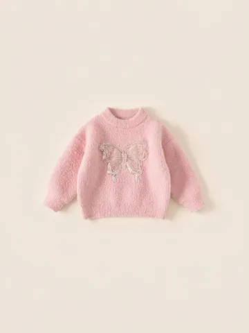Dolce Maglione di Peluche Rosa per Bambine Con Patch a Farfalla di Paillettes Luccicanti Morbido Maglione Caldo per Bambini