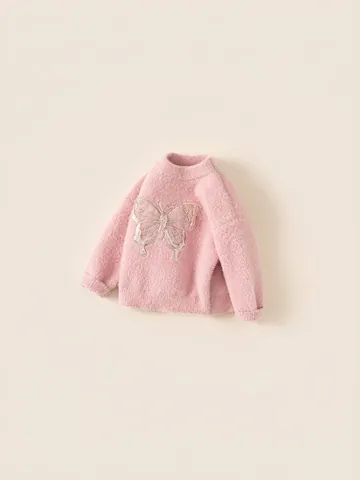 Dolce Maglione di Peluche Rosa per Bambine Con Patch a Farfalla di Paillettes Luccicanti Morbido Maglione Caldo per Bambini