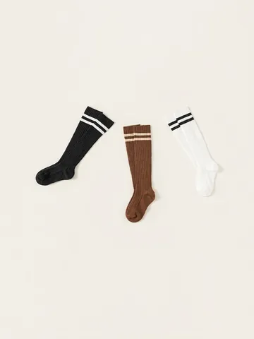 Kids Preppy Style Double Stripe Mid-Calf Socks Breathable Cotton Blend Ribbed Knit Long Socks For Girls Toddlers