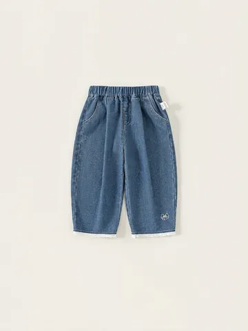 Meisjes Denim Jeans Met Strikborduurwerk En Kantafwerking Zoete Elastische Taille Rechte Pijpen Casual Kinder Katoenen Broek