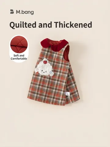 Vestito Imbottito Retro a Quadri per Bambina Con Colletto Peter Pan in Velluto Rosso Ricamo Cane Cartone Animato Vestito Caldo Senza Maniche