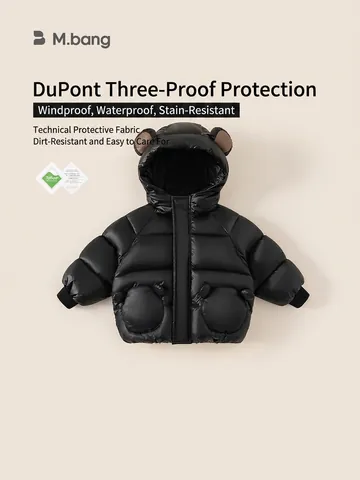 Kids Hooded Winter Padded Coat Dupont Three-Proof Technology Waterproof Windproof Bear Ears Black Glossy Jacket For Boys Girls
