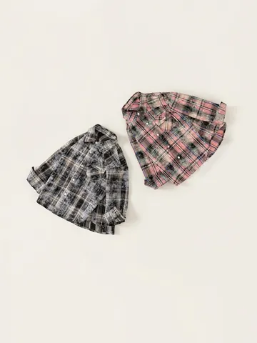 Boys Retro Plaid Shirt Distressed Bleached Long Sleeve Lapel Top With Pocket Embroidery Casual Children Polyester Clothing