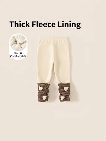 Leggings Chauds Doublés de Polaire d'Hiver pour Filles Beige Mélange de Coton Pantalon Épaissi Avec Ours 3D et Rebord Rayé