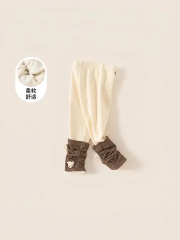 Leggings Chauds Doublés de Polaire d'Hiver pour Filles Beige Mélange de Coton Pantalon Épaissi Avec Ours 3D et Rebord Rayé