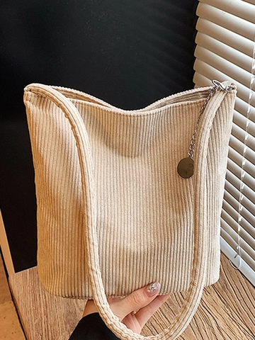 Women Vintage Corduroy Underarm Bag Large Capacity Minimalist Solid Color Shoulder Bag With Metal Pendant Daily Tote Handbag