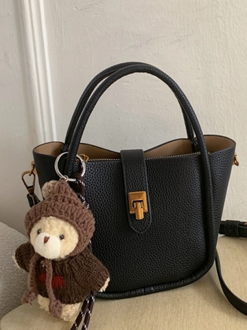 Women Fashion PU Lychee Pattern Bucket Bag With Bear Pendant Retro Minimalist Handbag Casual Commute Crossbody Bag
