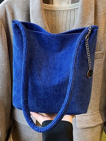 Women Vintage Corduroy Underarm Bag Large Capacity Minimalist Solid Color Shoulder Bag With Metal Pendant Daily Tote Handbag