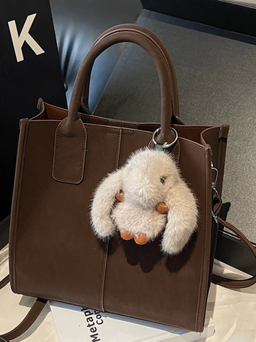 Sac Cabas en Cuir PU Grande Capacité pour Femmes Avec Charme Lapin Peluche Sac à Main Minimaliste à Surpiqûres pour le Trajet