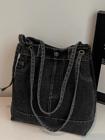 Sac Fourre-Tout Vintage en Denim Lavé pour Femmes Grande Capacité Surpiqûres Contrastées Sac à Épaule Décontracté Sac Sous le Bras Style Workwear