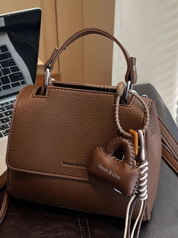 Bolso de Mano Minimalista Francés de Cuero de PU Con Colgante Color Sólido Gran Capacidad Bolso de Hombro Mujer