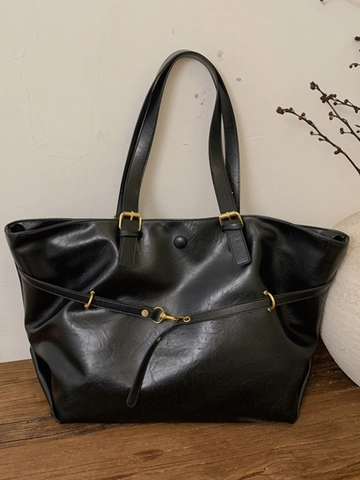 Vintage Große Kapazität Tote Bag Für Damen Minimalistisch PU Leder Pendler Umhängetasche Gold Beschläge Mode Handtasche