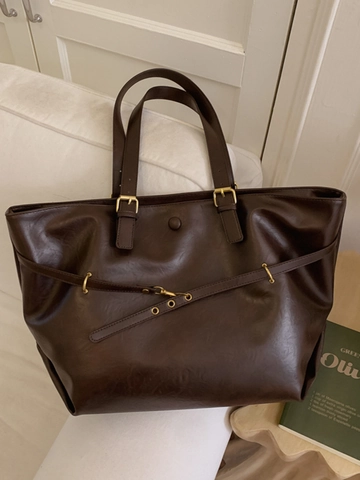 Vintage Große Kapazität Tote Bag Für Damen Minimalistisch PU Leder Pendler Umhängetasche Gold Beschläge Mode Handtasche