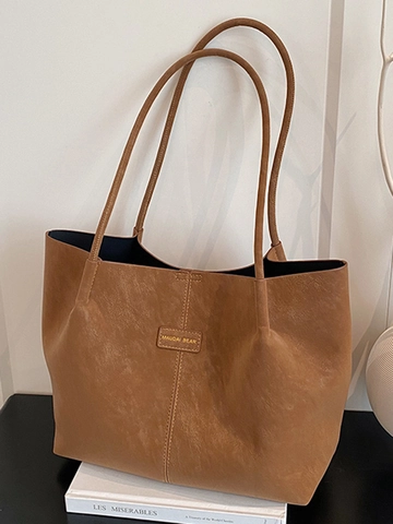 Bolso Tote de Cuero PU Vintage Francés de Gran Capacidad para Mujer Minimalista Bolso de Hombro Urbano Con Bolsillo Interior de Cremallera