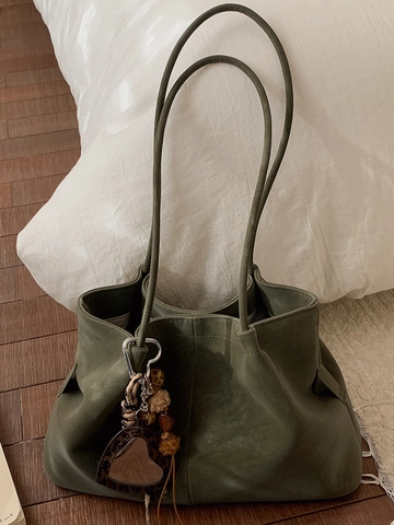 Vintage PU Leder Grote Capaciteit Tote Tas Voor Vrouwen Winter Mode Woon-werkverkeer Schoudertas Met Luipaard Hart Hanger