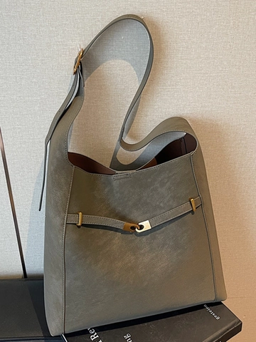 Bolso Cubo de Cuero PU Retro para Mujer Gran Capacidad Minimalista Color Sólido Bolso Tote Con Hebilla de Metal Bolso de Hombro Cruzado