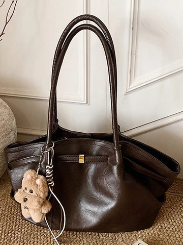 French Style Large Capacity Tote Bag For Women Retro PU Leather Shoulder Bag With Plush Charm Commuter Work Handbag