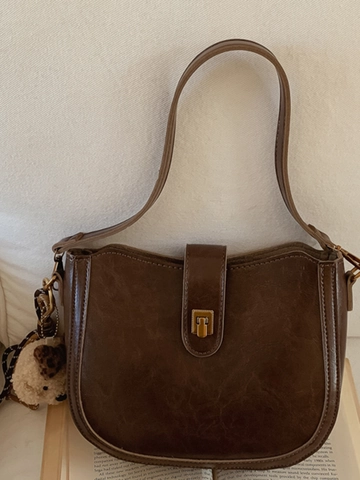 Women Vintage PU Leather Bucket Bag Korean Minimalist Shoulder Crossbody Bag With Plush Bear Pendant Elegant Retro Handbag