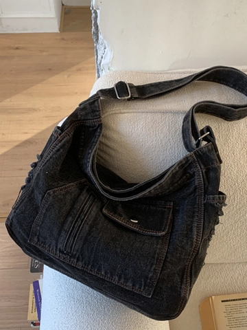 Dames Grote Capaciteit Gewassen Denim Schoudertas Retro Franjeranden Crossbody Tote Tas Voor Studenten Woon Werkverkeer Schooltas