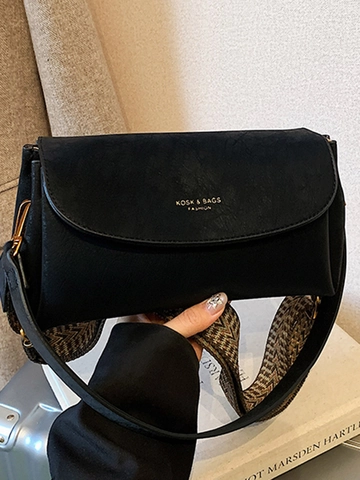 Bolso Bandolera Retro de Cuero PU para Mujer Minimalista Color Sólido Solapa Bolso de Hombro Con Correa Ancha Estampada y Correa Fina Bolso Cuadrado de Moda