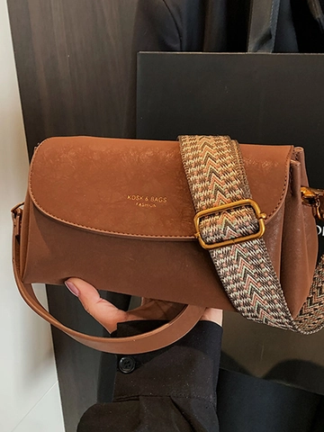 Bolso Bandolera Retro de Cuero PU para Mujer Minimalista Color Sólido Solapa Bolso de Hombro Con Correa Ancha Estampada y Correa Fina Bolso Cuadrado de Moda