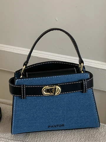 Borsa a Mano in Denim e Pelle PU da Donna Vintage con Cuciture Borsa a Tracolla con Manico con Serratura in Metallo Ufficio