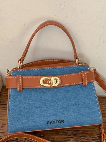 Borsa a Mano in Denim e Pelle PU da Donna Vintage con Cuciture Borsa a Tracolla con Manico con Serratura in Metallo Ufficio
