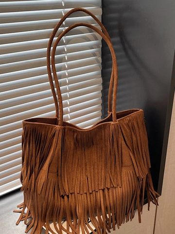 Retro Böhmen Wildleder Quasten Tragetasche Für Damen Große Kapazität Vintage Schultertasche Lässig Schick Handtasche