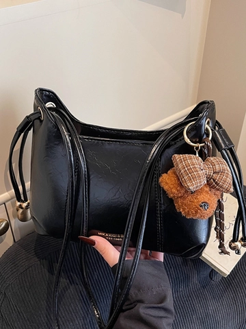 Vintage PU Leder Unterarmtasche Für Damen Mit Abnehmbarem Plüschbären Anhänger Urban Einfache Schultertasche Pendeltasche