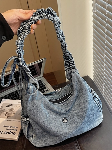 Damen Gewaschene Jeans Schultertasche Retro Hobo Tasche Mit Gefalteter Schultergurt Große Kapazität Lässige Achseltasche