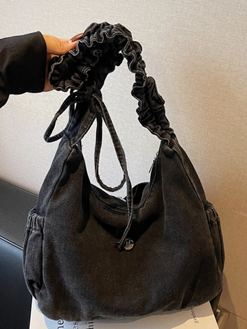 Damen Gewaschene Jeans Schultertasche Retro Hobo Tasche Mit Gefalteter Schultergurt Große Kapazität Lässige Achseltasche