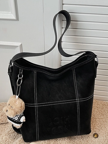 Retro PU Leather Large Capacity Tote Bag For Women Fashion Letter Embossed Shoulder Bag With Plush Pendant Commuter Handbag