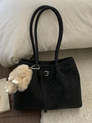 Damen Retro Große Kapazität PU Tote Bag Mode Urban Minimalistisch Ziernaht Pendler Schultertasche Mit Plüschhase-Anhänger